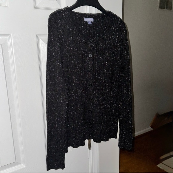 LAURA SCOTT Women's Large Black Metallic Sparkle Cardigan Sweater V-Neck Button - Picture 8 of 16
